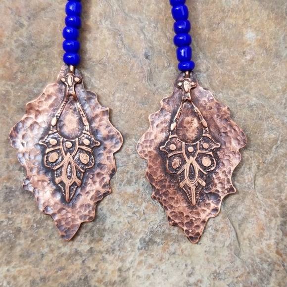 Copper & Blue "Peacock Quill" Earrings - Picture 2 of 5